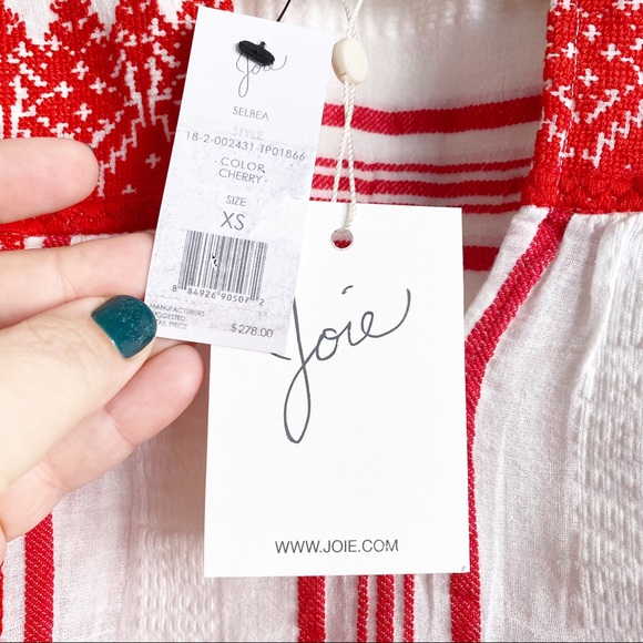 Joie Selba Stripe Bell Sleeve Embroidered Cotton Blouse Cherry Red White XS NWT - Picture 5 of 9